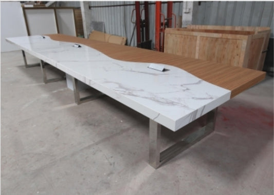 Custom Rectangular Marble/Maple Conference Table w Metal Base